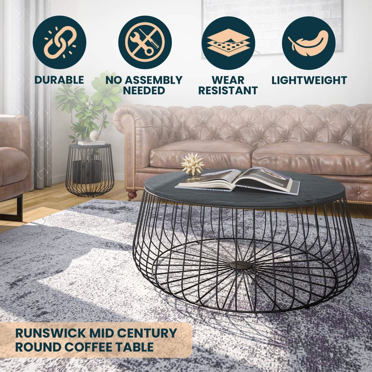 Runswick Round Coffee Table with MDF Tabletop Storage Space in Black Steel Base