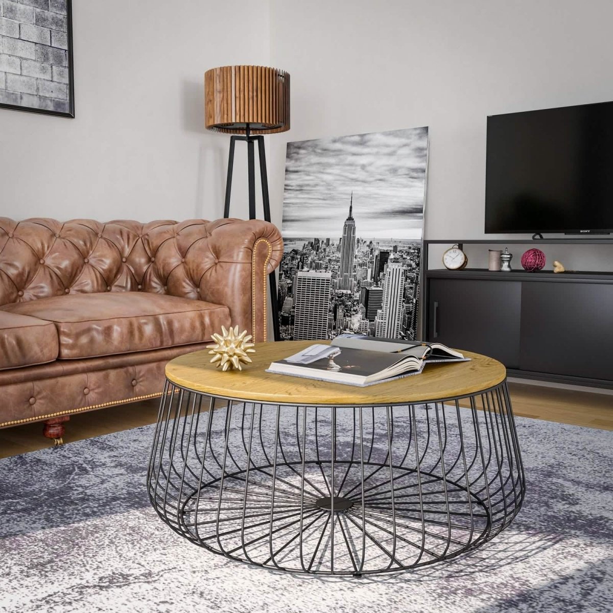 Runswick Round Coffee Table with MDF Tabletop Storage Space in Black Steel Base