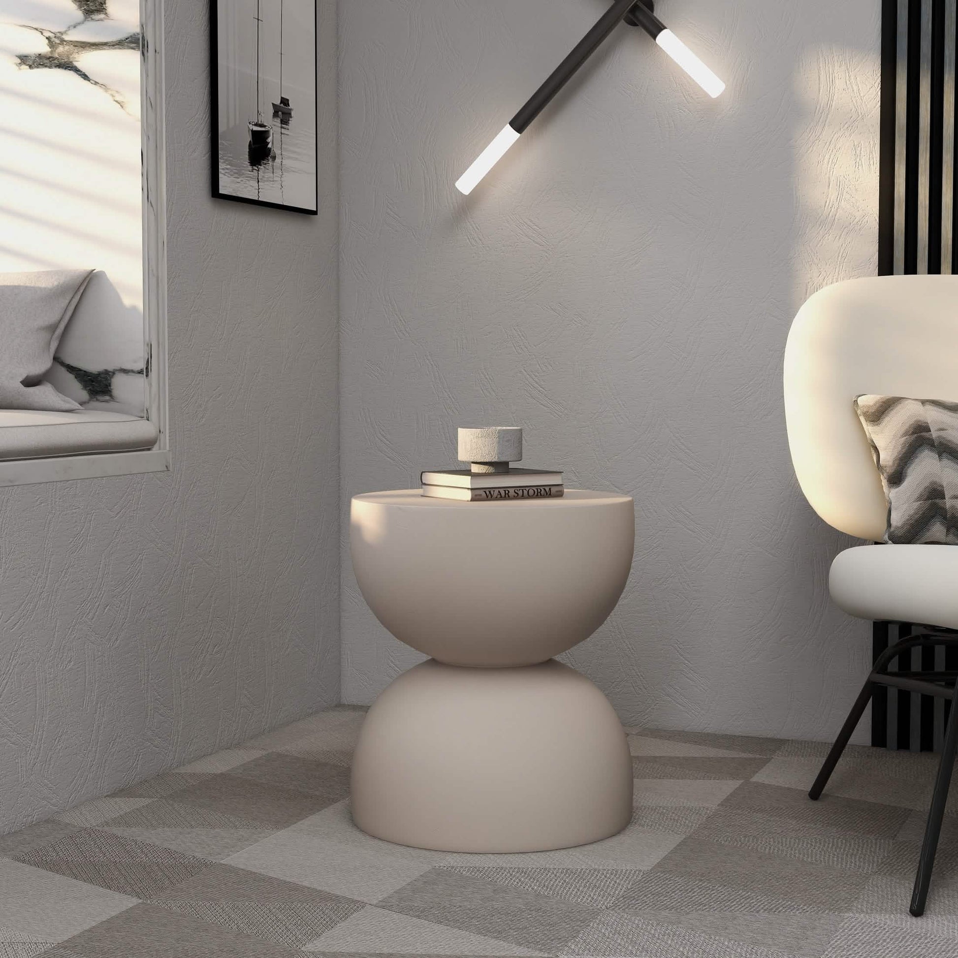 Sage Minimalist Side Table in Fiberstone Hourglass Design Accent Table