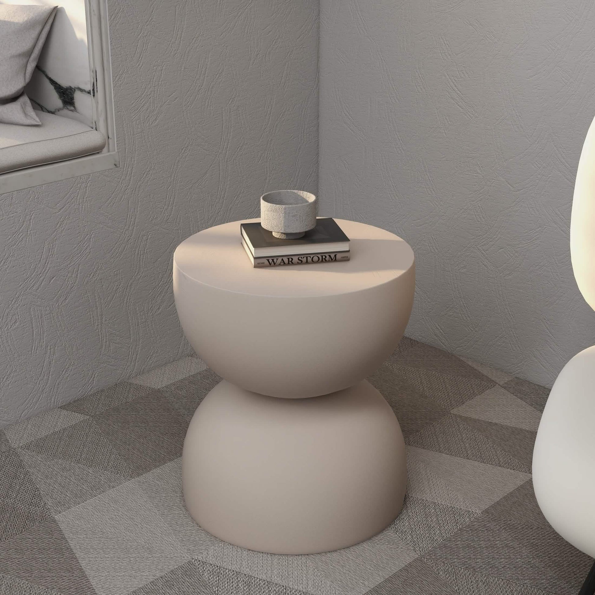 Sage Minimalist Side Table in Fiberstone Hourglass Design Accent Table