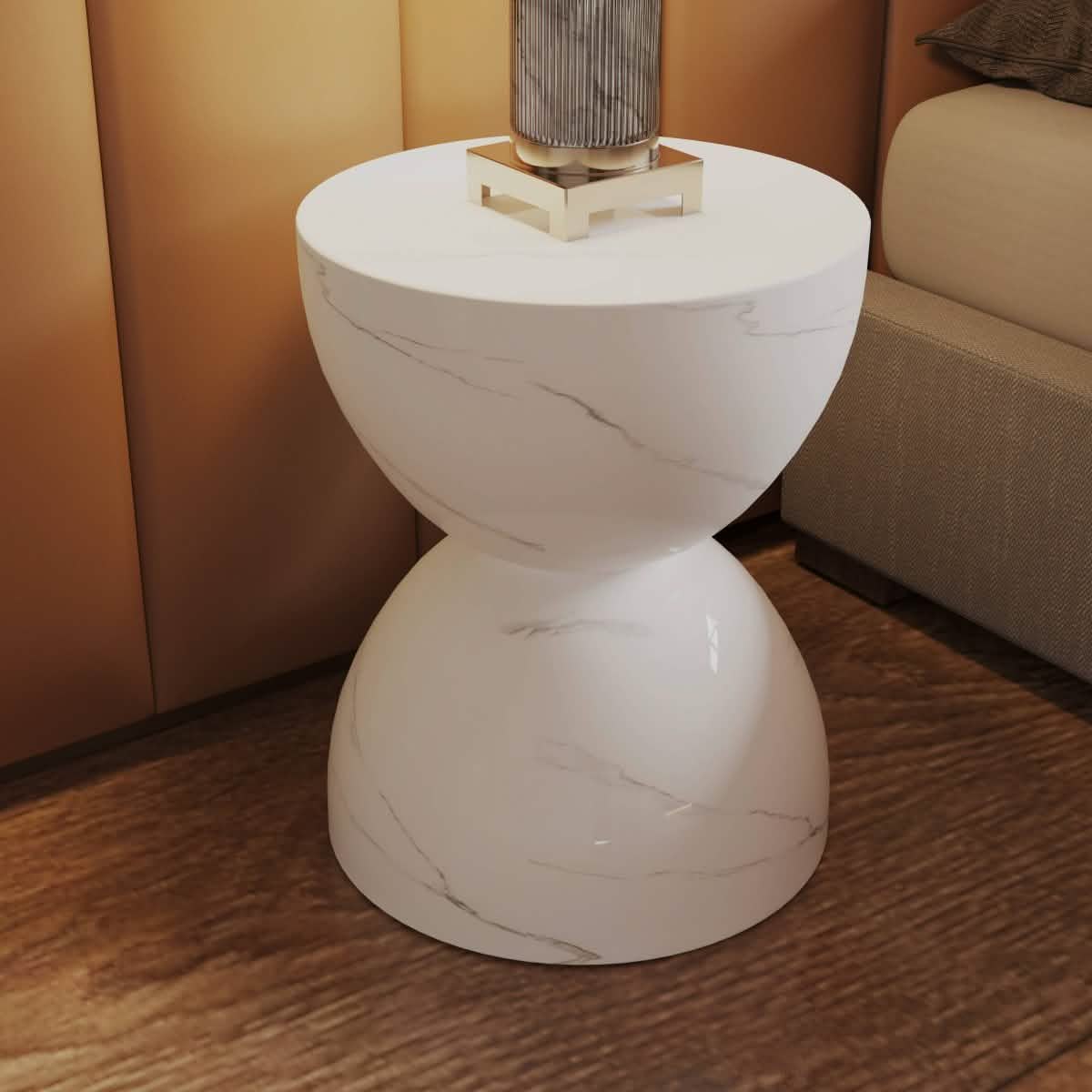 Sage Minimalist Side Table in Fiberstone Hourglass Design Accent Table