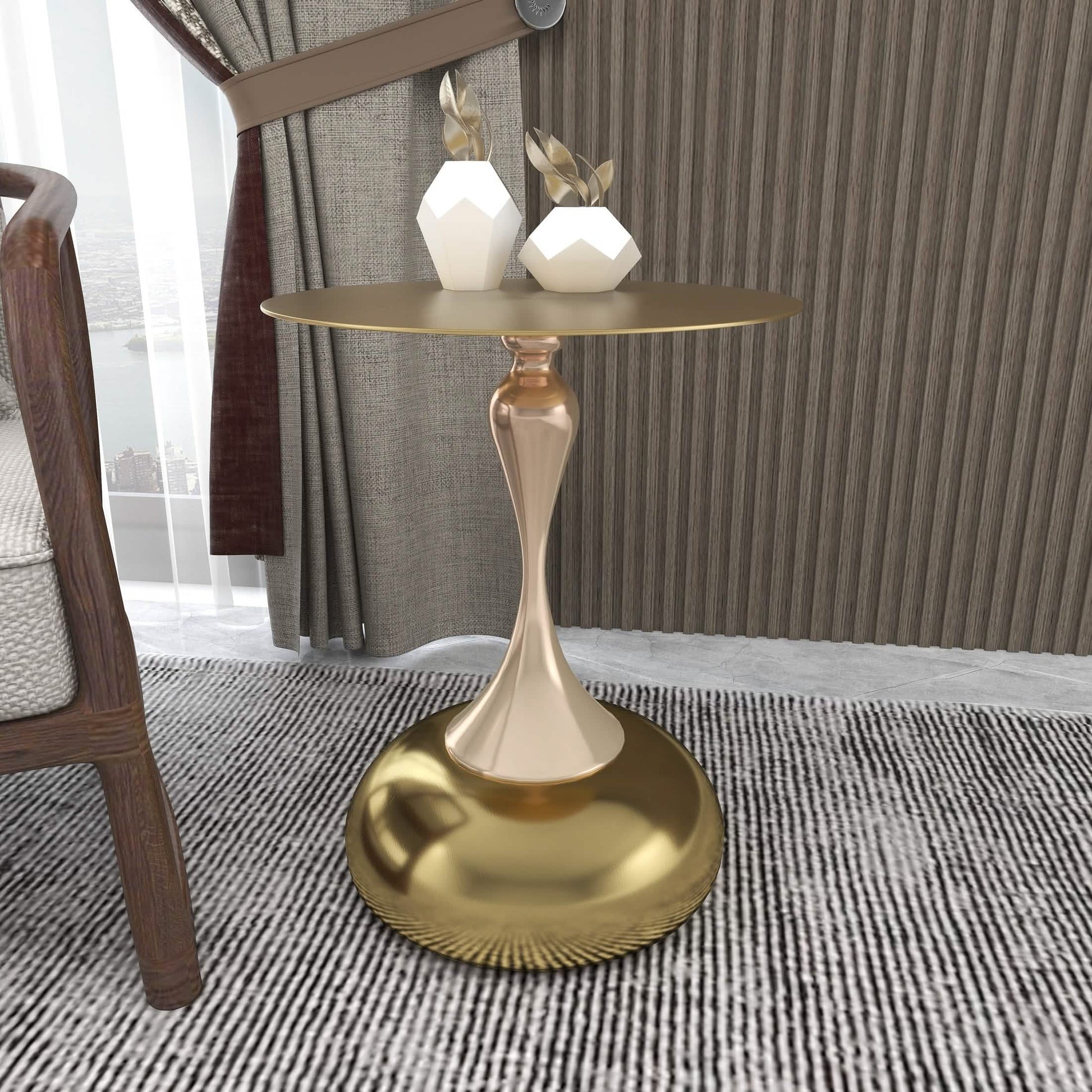 Savoy Wide Side Table with Stainless Steel Top Round Accent Table and Elegant Pedestal Base