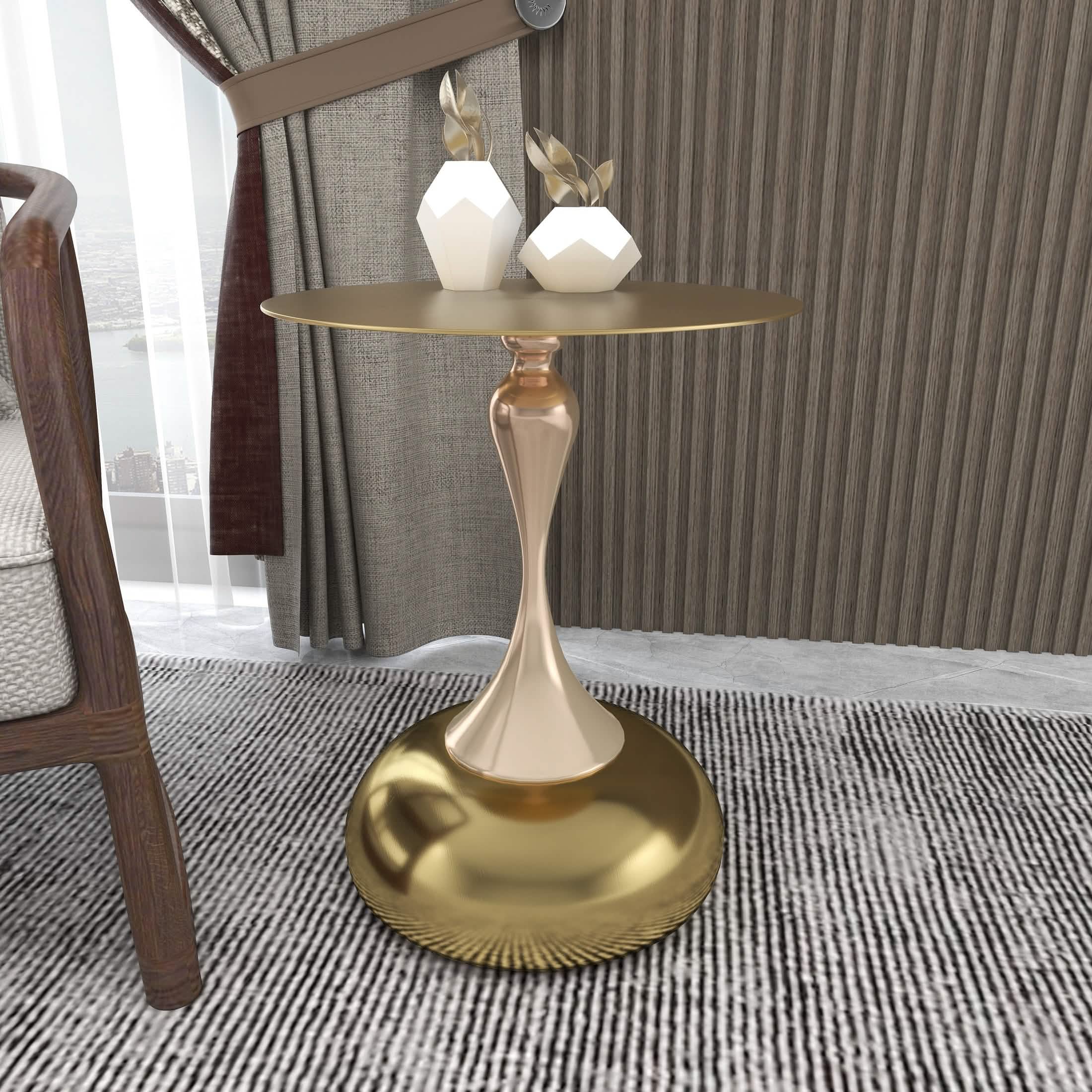 Savoy Wide Side Table with Stainless Steel Top Round Accent Table and Elegant Pedestal Base