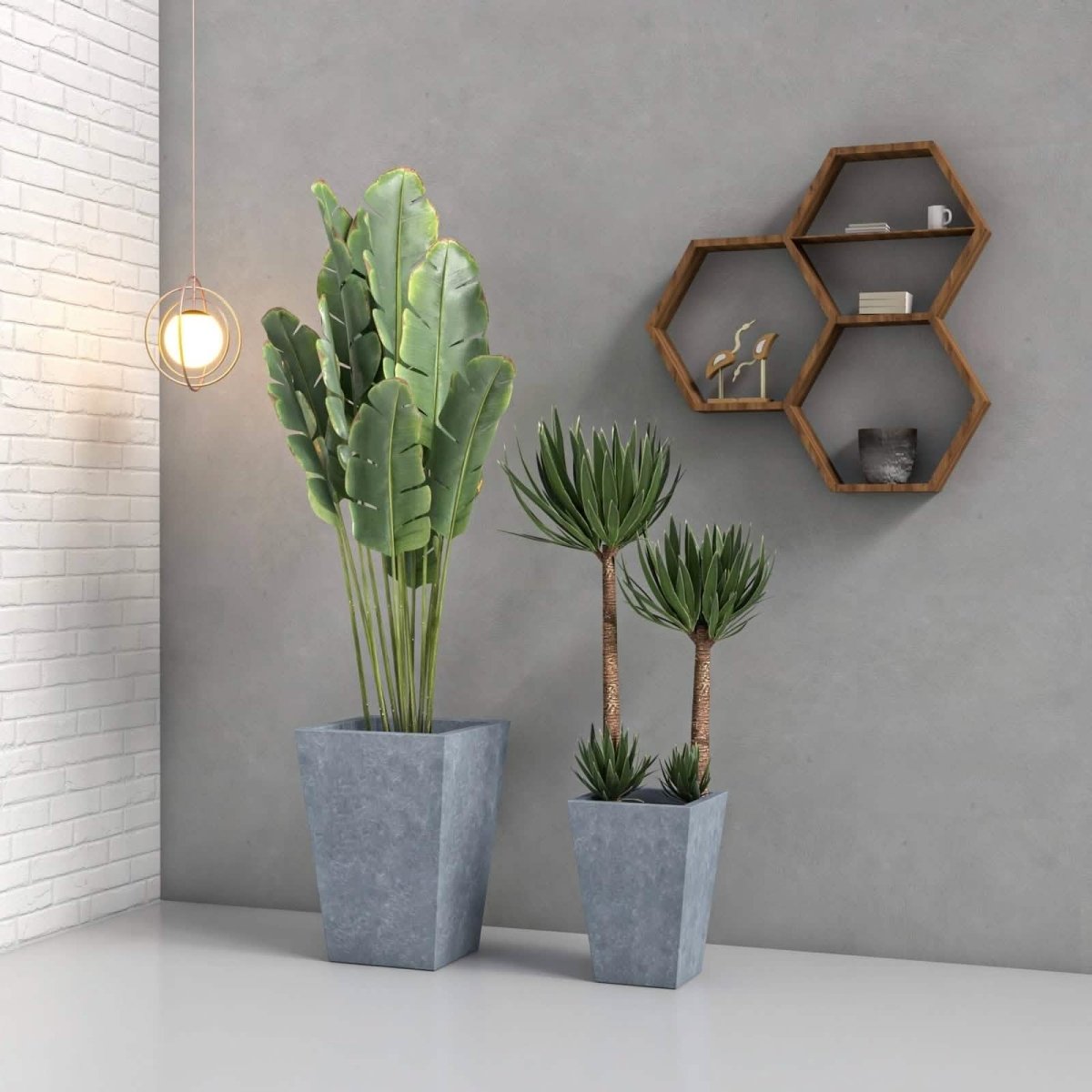 Serene Modern Fiberstone and Clay Tapered Square Planter Pot with Drainage Holes Aged Concrete Planter Leisuremod