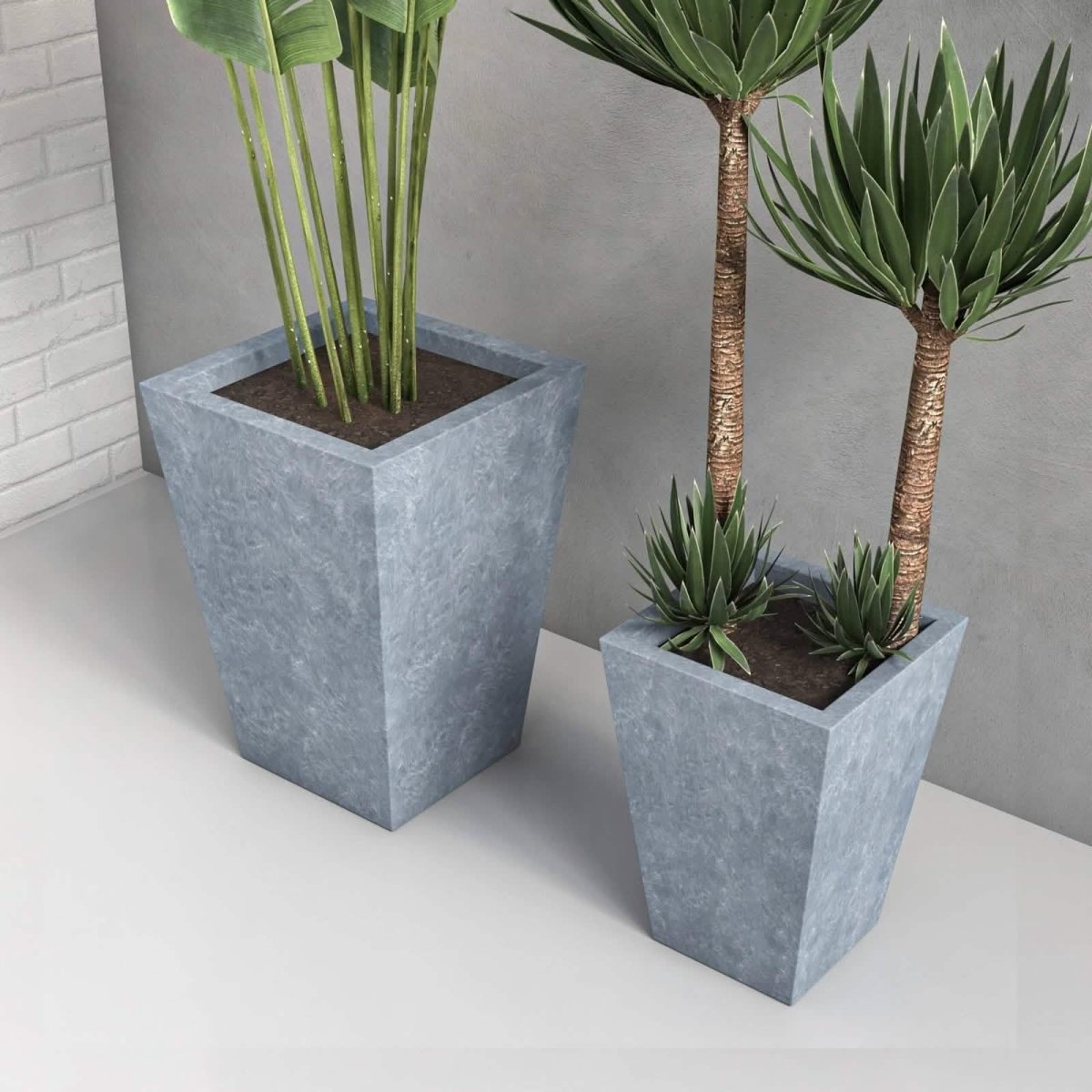Serene Modern Fiberstone and Clay Tapered Square Planter Pot with Drainage Holes Aged Concrete Planter Leisuremod