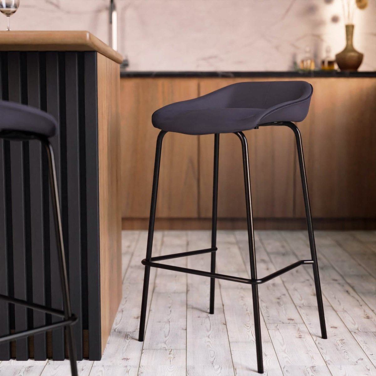 Servos Modern Barstool with Upholstered Leather Seat and Powder Coated Iron Frame Set of 2