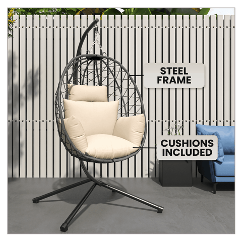 Summit Outdoor Single Person Egg Swing Chair in Grey/Black/Brown Steel Frame With Removable Cushions
