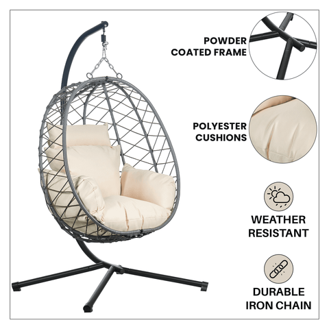 Summit Outdoor Single Person Egg Swing Chair in Grey/Black/Brown Steel Frame With Removable Cushions