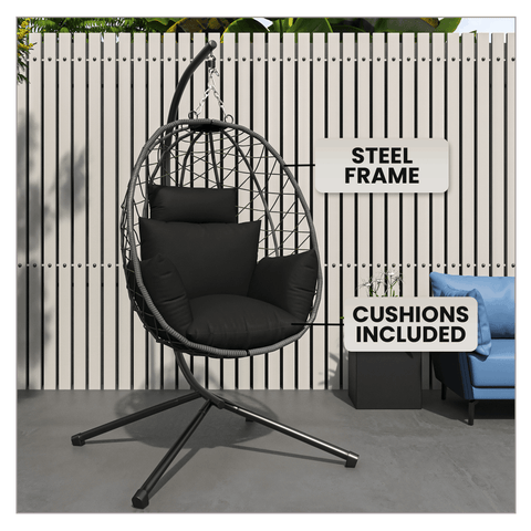 Summit Outdoor Single Person Egg Swing Chair in Grey/Black/Brown Steel Frame With Removable Cushions