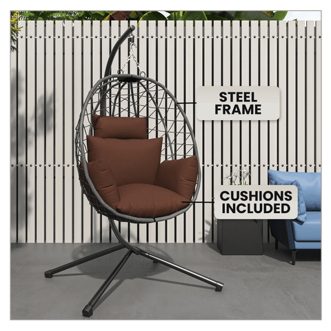 Summit Outdoor Single Person Egg Swing Chair in Grey/Black/Brown Steel Frame With Removable Cushions