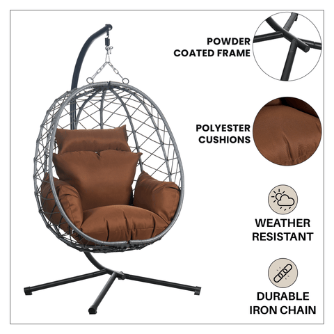 Summit Outdoor Single Person Egg Swing Chair in Grey/Black/Brown Steel Frame With Removable Cushions