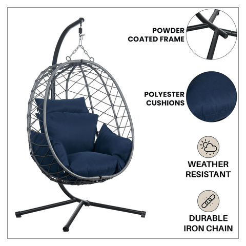 Summit Outdoor Single Person Egg Swing Chair in Grey/Black/Brown Steel Frame With Removable Cushions