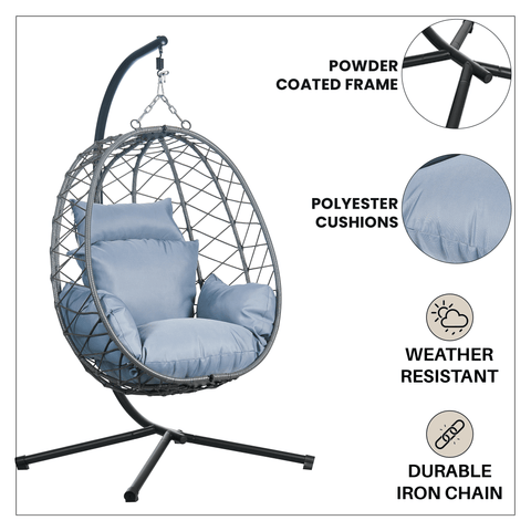 Summit Outdoor Single Person Egg Swing Chair in Grey/Black/Brown Steel Frame With Removable Cushions