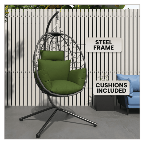 Summit Outdoor Single Person Egg Swing Chair in Grey/Black/Brown Steel Frame With Removable Cushions