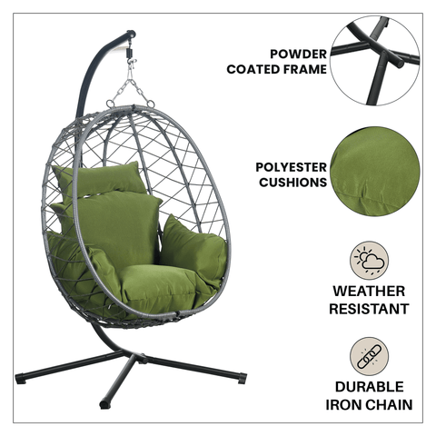 Summit Outdoor Single Person Egg Swing Chair in Grey/Black/Brown Steel Frame With Removable Cushions