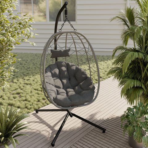 Summit Outdoor Single Person Egg Swing Chair in Grey/Black/Brown Steel Frame With Removable Cushions