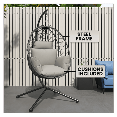 Summit Outdoor Single Person Egg Swing Chair in Grey/Black/Brown Steel Frame With Removable Cushions
