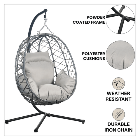 Summit Outdoor Single Person Egg Swing Chair in Grey/Black/Brown Steel Frame With Removable Cushions