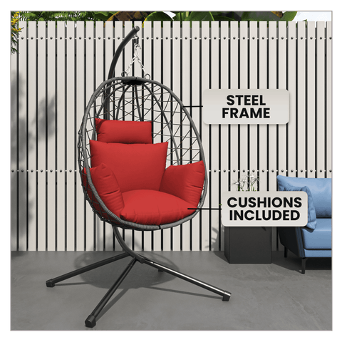 Summit Outdoor Single Person Egg Swing Chair in Grey/Black/Brown Steel Frame With Removable Cushions