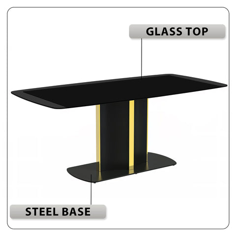 Sylva Rectangular Dining Table with Glass/Sintered Stone Tabletop in Black and Gold Steel Base