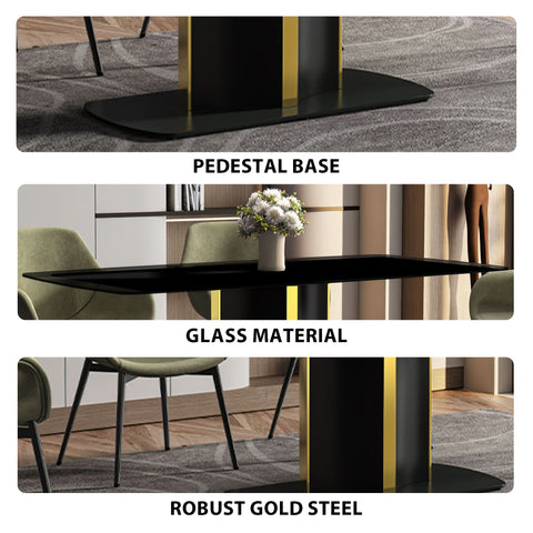 Sylva Rectangular Dining Table with Glass/Sintered Stone Tabletop in Black and Gold Steel Base