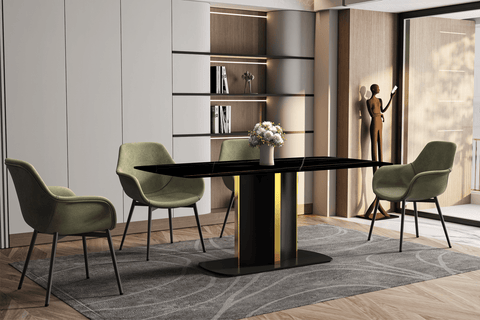 Sylva Rectangular Dining Table with Glass/Sintered Stone Tabletop in Black and Gold Steel Base