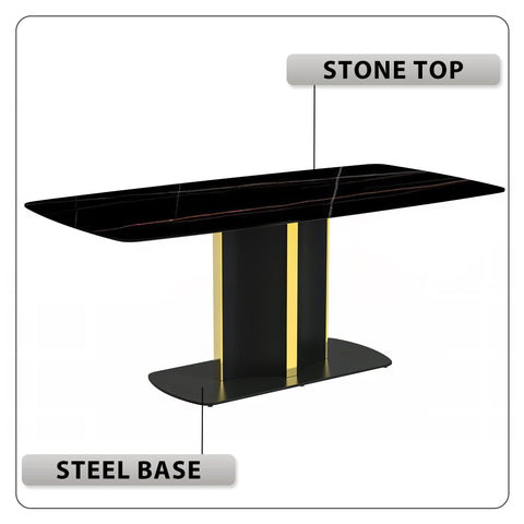 Sylva Rectangular Dining Table with Glass/Sintered Stone Tabletop in Black and Gold Steel Base