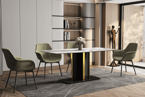 Sylva Rectangular Dining Table with Glass/Sintered Stone Tabletop in Black and Gold Steel Base