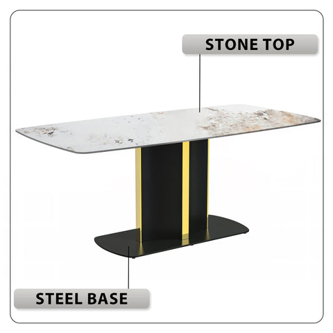Sylva Rectangular Dining Table with Glass/Sintered Stone Tabletop in Black and Gold Steel Base