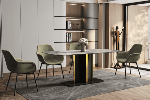 Sylva Rectangular Dining Table with Glass/Sintered Stone Tabletop in Black and Gold Steel Base
