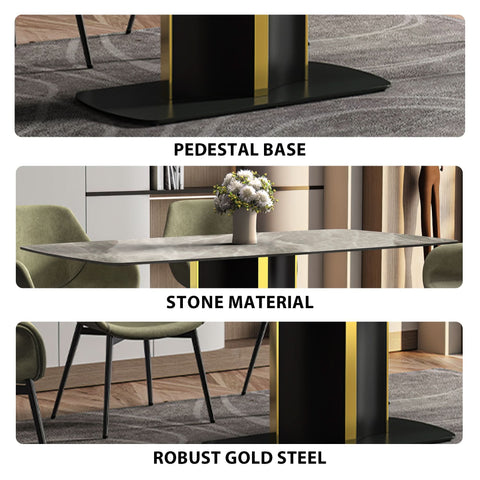 Sylva Rectangular Dining Table with Glass/Sintered Stone Tabletop in Black and Gold Steel Base