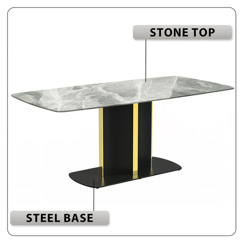 Sylva Rectangular Dining Table with Glass/Sintered Stone Tabletop in Black and Gold Steel Base