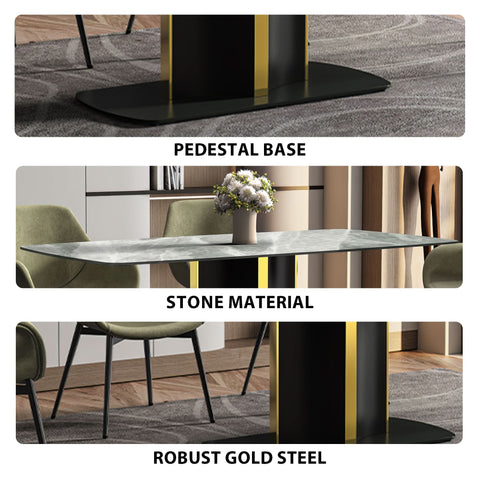 Sylva Rectangular Dining Table with Glass/Sintered Stone Tabletop in Black and Gold Steel Base