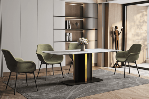 Sylva Rectangular Dining Table with Glass/Sintered Stone Tabletop in Black and Gold Steel Base