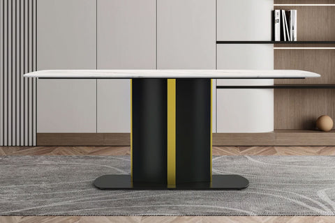 Sylva Rectangular Dining Table with Glass/Sintered Stone Tabletop in Black and Gold Steel Base