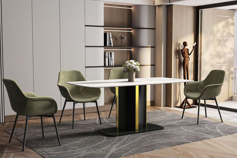 Sylva Rectangular Dining Table with Glass/Sintered Stone Tabletop in Black and Gold Steel Base