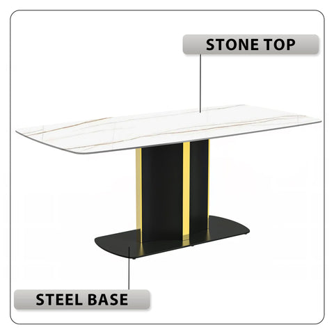 Sylva Rectangular Dining Table with Glass/Sintered Stone Tabletop in Black and Gold Steel Base