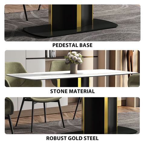 Sylva Rectangular Dining Table with Glass/Sintered Stone Tabletop in Black and Gold Steel Base