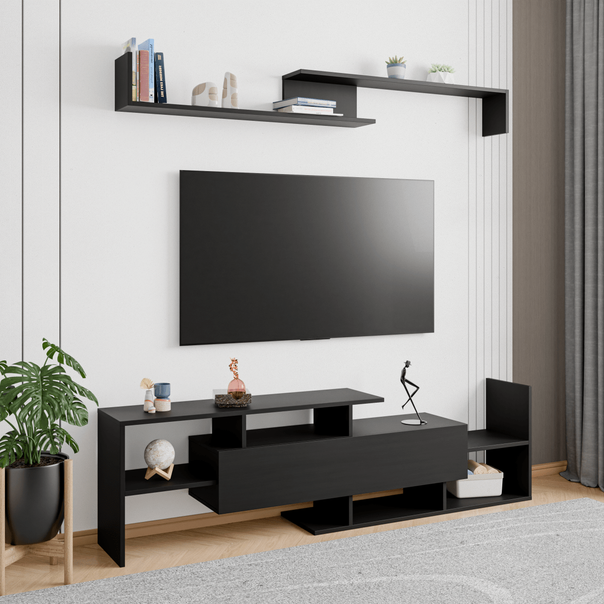 Surrey Modern TV Stand with MDF Shelves and Bookcase for Living Room