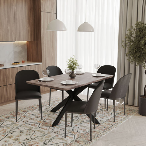 Ravenna 6-Piece Dining Set with 63" Rectangular Dining Table in Rustic Grey and 5 Leather Dining ChairsTransform your dining space with the Ravenna 6-Piece Dining Set. This gorgeous set features a 63" rectangular dining table in rustic grey and 5 stylish
