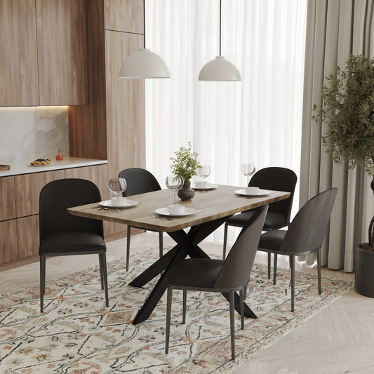 Ravenna 6-Piece Dining Set with 63" Rectangular Dining Table in Natural Wood MDF and 5 Leather/Fabric/Suede Fabric Dining Chairs