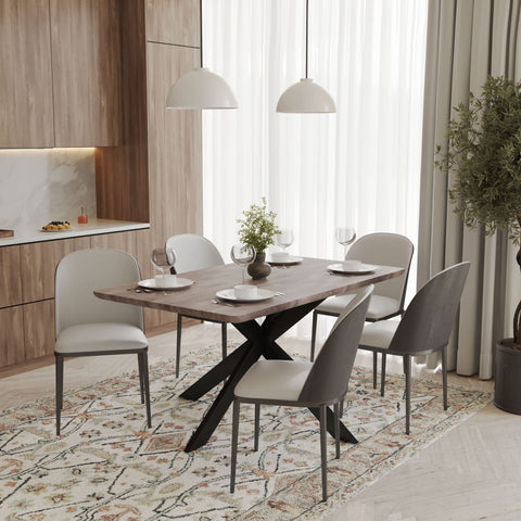 Ravenna 6-Piece Dining Set with 63" Rectangular Dining Table in Rustic Grey and 5 Leather Dining ChairsTransform your dining space with the Ravenna 6-Piece Dining Set. This gorgeous set features a 63" rectangular dining table in rustic grey and 5 stylish