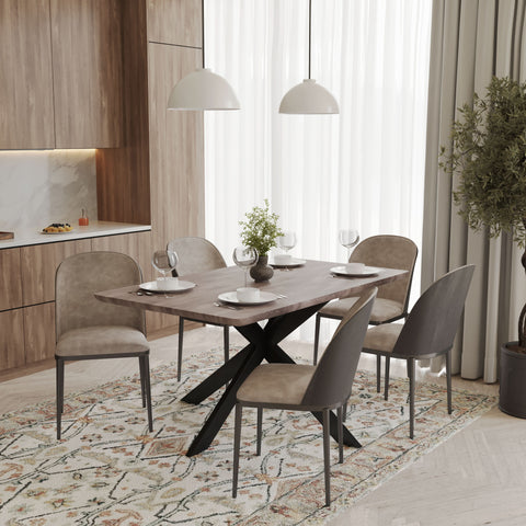 Ravenna 6-Piece Dining Set with 63" Rectangular Dining Table in Rustic Grey and 5 Leather Dining ChairsTransform your dining space with the Ravenna 6-Piece Dining Set. This gorgeous set features a 63" rectangular dining table in rustic grey and 5 stylish