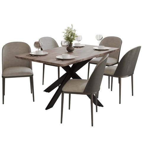 Ravenna 6-Piece Dining Set with 63" Rectangular Dining Table in Rustic Grey and 5 Leather Dining ChairsTransform your dining space with the Ravenna 6-Piece Dining Set. This gorgeous set features a 63" rectangular dining table in rustic grey and 5 stylish