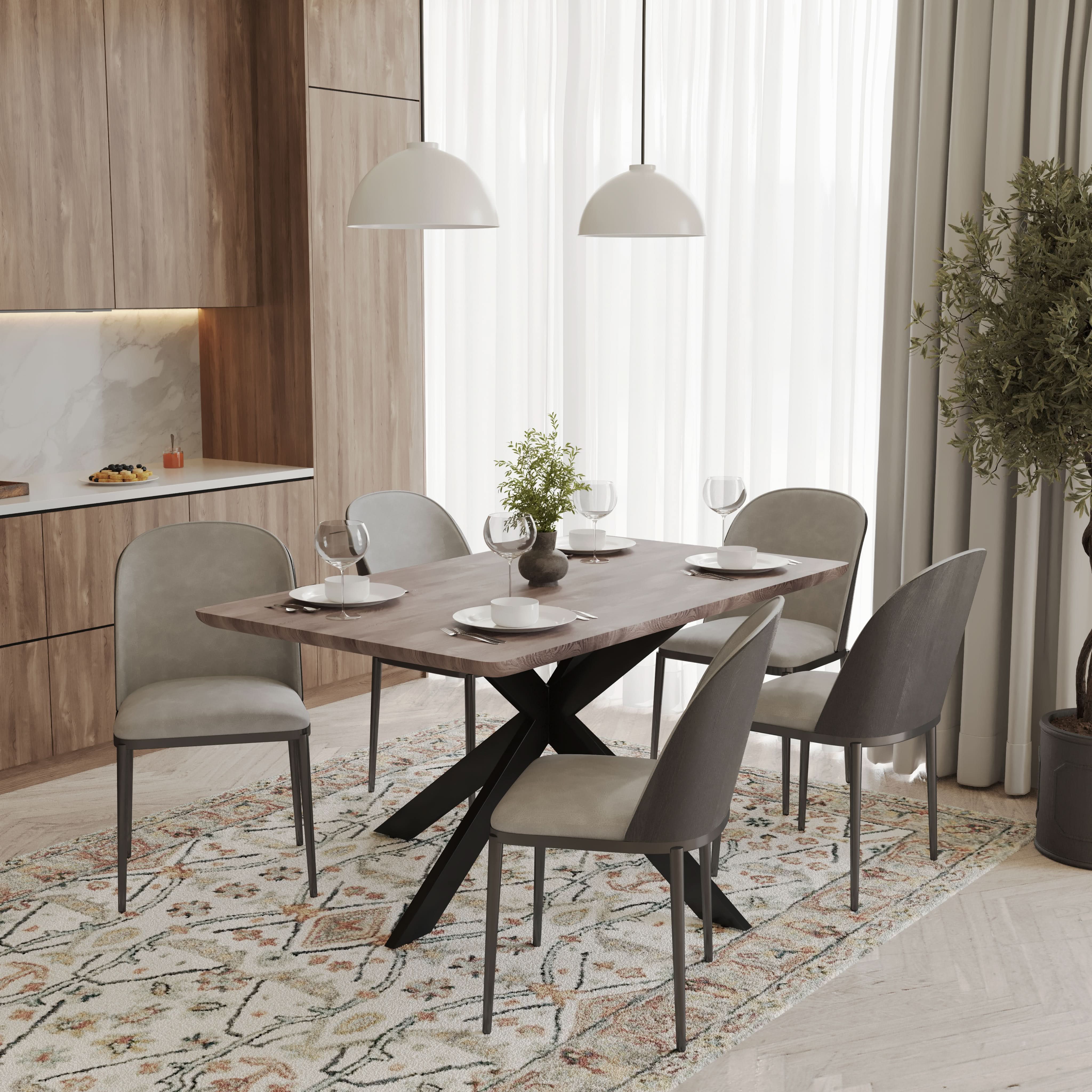 Ravenna 6-Piece Dining Set with 63" Rectangular Dining Table in Rustic Grey and 5 Leather Dining ChairsTransform your dining space with the Ravenna 6-Piece Dining Set. This gorgeous set features a 63" rectangular dining table in rustic grey and 5 stylish