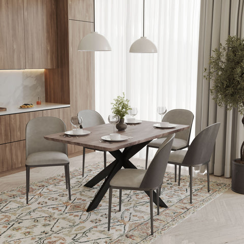 Ravenna 6-Piece Dining Set with 63" Rectangular Dining Table in Rustic Grey and 5 Leather Dining ChairsTransform your dining space with the Ravenna 6-Piece Dining Set. This gorgeous set features a 63" rectangular dining table in rustic grey and 5 stylish