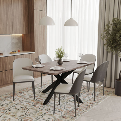 Ravenna 6-Piece Dining Set with 63" Rectangular Dining Table in Rustic Grey and 5 Leather Dining ChairsTransform your dining space with the Ravenna 6-Piece Dining Set. This gorgeous set features a 63" rectangular dining table in rustic grey and 5 stylish