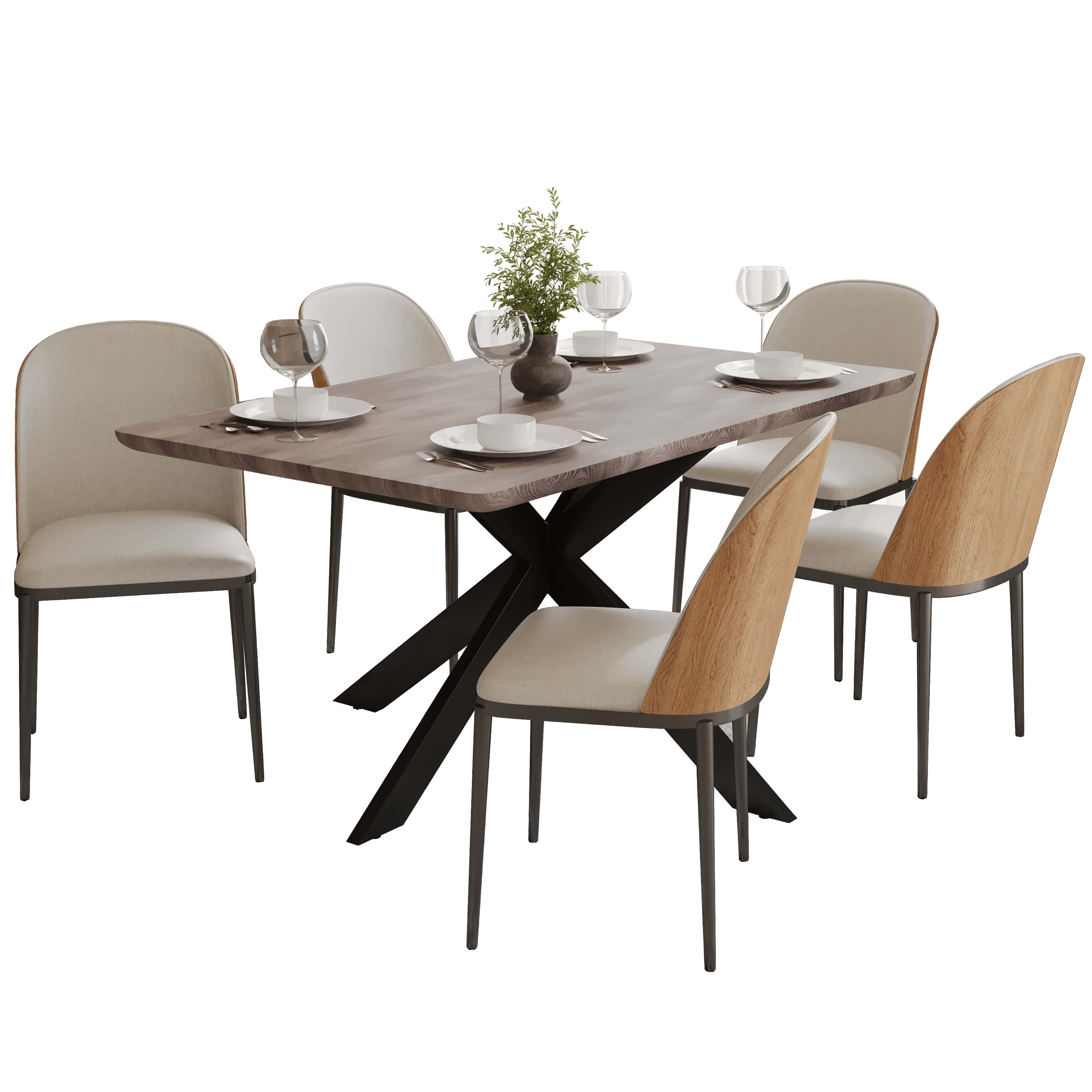 Ravenna 6-Piece Dining Set with 63" Rectangular Dining Table in Rustic Grey and 5 Leather Dining ChairsTransform your dining space with the Ravenna 6-Piece Dining Set. This gorgeous set features a 63" rectangular dining table in rustic grey and 5 stylish