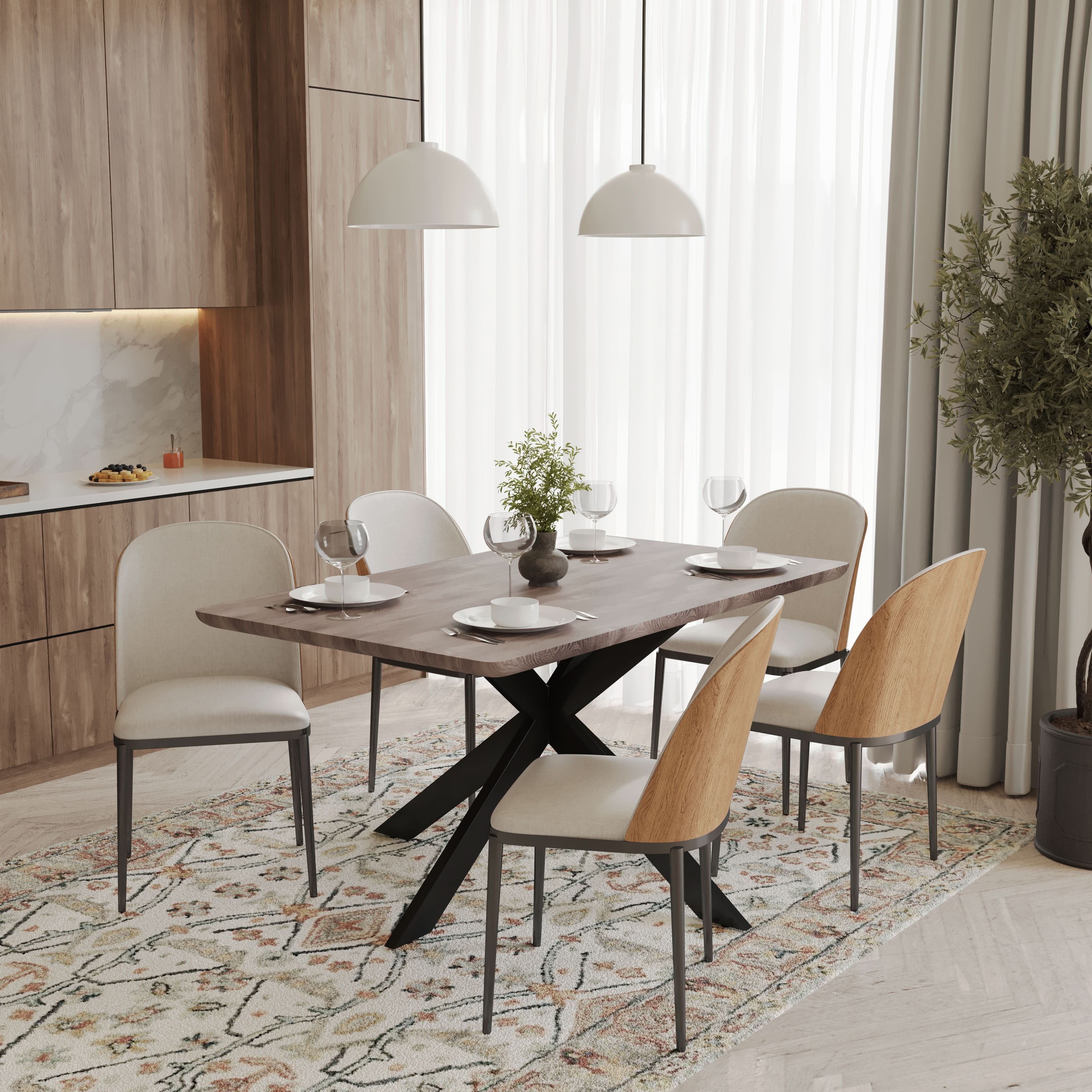 Ravenna 6-Piece Dining Set with 63" Rectangular Dining Table in Rustic Grey and 5 Leather Dining ChairsTransform your dining space with the Ravenna 6-Piece Dining Set. This gorgeous set features a 63" rectangular dining table in rustic grey and 5 stylish