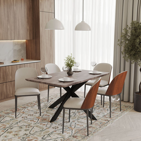 Ravenna 6-Piece Dining Set with 63" Rectangular Dining Table in Rustic Grey and 5 Leather Dining ChairsTransform your dining space with the Ravenna 6-Piece Dining Set. This gorgeous set features a 63" rectangular dining table in rustic grey and 5 stylish